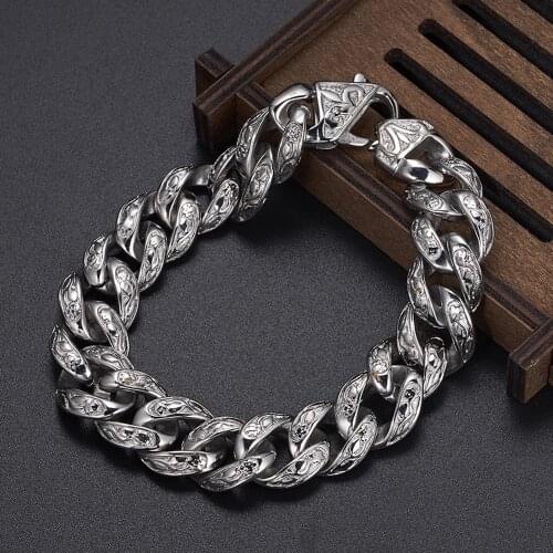 Vintage Cuban Curb Chain Mens Bracelet Silver Color/Gold/Black Color 316LStainless Steel Ancient Glyph Mens Bracelet 9 inch