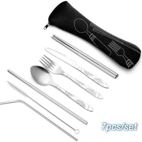 7pcs/Set Dinnerware Sets Stainless Steel Spoon Fork Steak Knife Tableware Travel Portable Dining Canteen Dinnerware With Bag