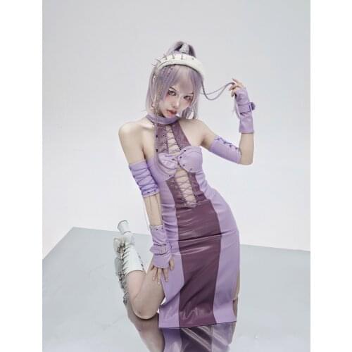 Original Design Punk Hot Girl Matte Faux Leather Dress Puple Patch Hollow Out Strap Lace-up Halter Neck Sleeveless Bodycon Dress