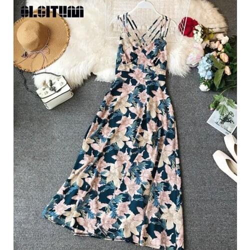 Beach Style 2020 Summer Dress Women Sexy Back Hollow Out Print Long Dress Female High Waist V-neck A-line Dress Vestidos Mujer