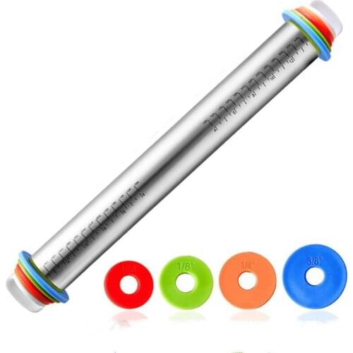 Adjustable Stainless Steel Rolling Pin Dough Mat Dough Roller 4 Removable Adjustable Thickness Rings Pizza Pastry Pie Baking