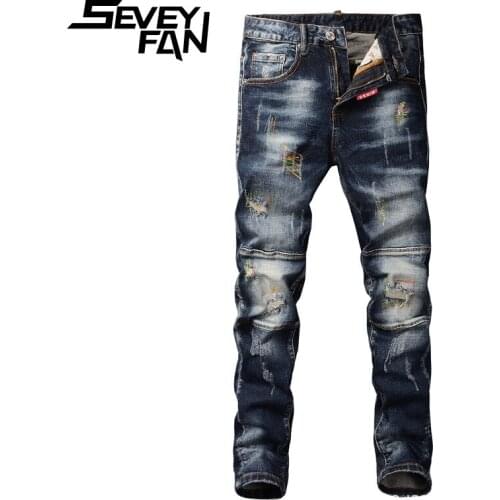 SEVEYFAN Distressed Embroidery Ripped Jeans Mens Brand Washed Patchwork Slim fit Denim Pants