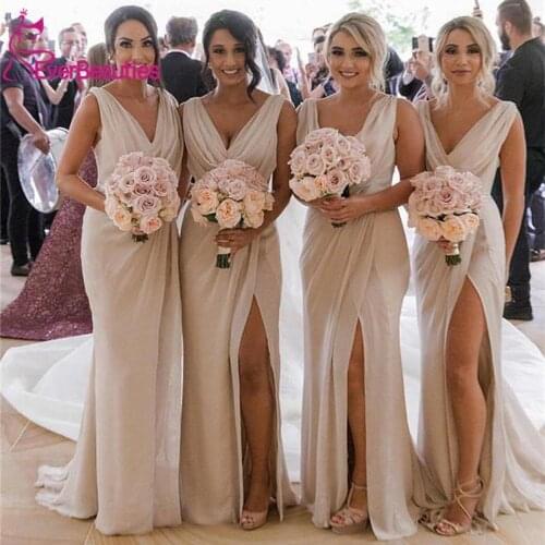 Chiffon Bridesmaid Dresses Long 2020 V-Neck Side Slit Robe Demoiselle D'honneur Wedding Party Dress Vestidos De Fiesta De Noche