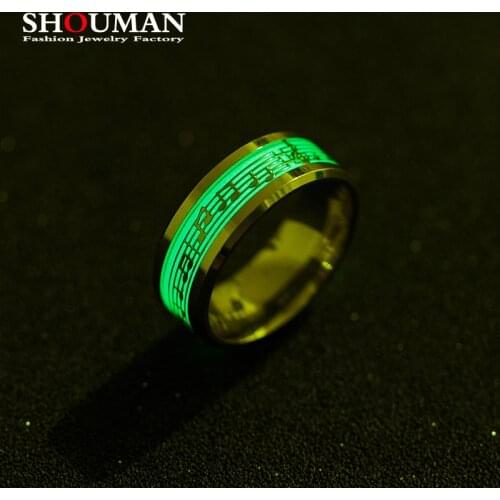 SHOUMAN Stainless Steel Inlay Music Stave Luminous Fluorescent Glowing Rings For Women Men Jewelry