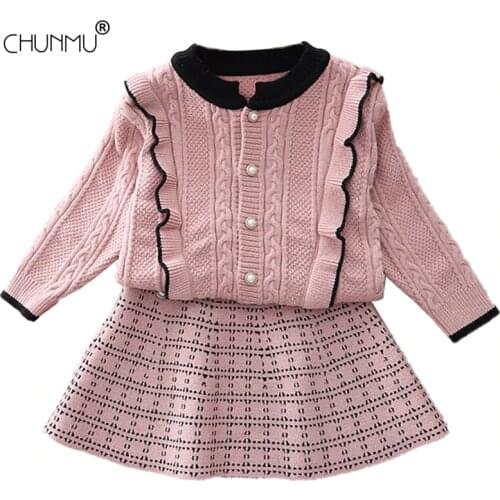 O-neck Cardigan Sweater for Autumn Winter 2021 New Plaid Knitted Pleated Skirt Baby Girl Fashion Knitting Two-piece Suit