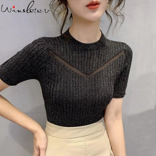Knit Bottoming Tee Shirt Women O-neck Stretchy Tshirt Spring Hollow Out Female Tops Casual Fashion Solid Slim T Shirts T04121B