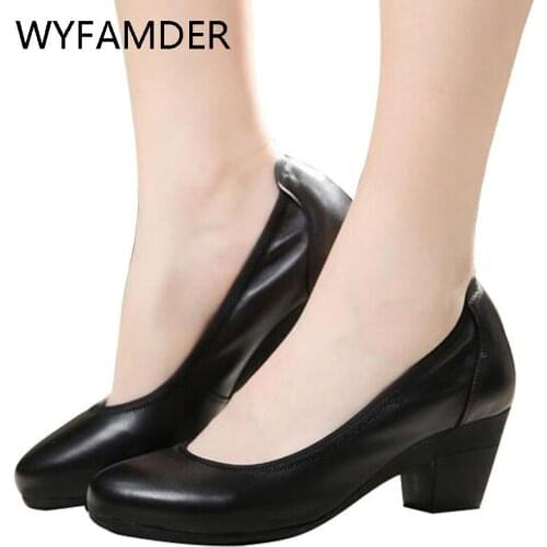 WYFAMDER 2021 Dress Shoes Women Spring Autumn Clasiscal OL Pumps Women Genuine Leather High Heels Black Lady Office Shoes WP28