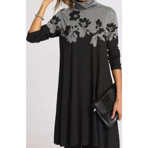 Women Vintage Turtleneck Floral Print Dress 2021 Autumn Elegant Long Sleeve Mini Dresses Ladies Casual Plus Size Dress
