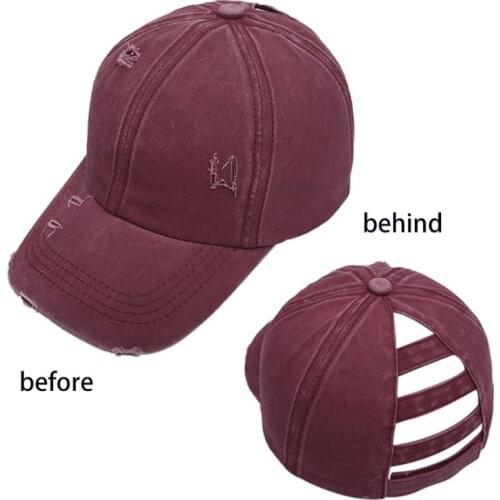 Women Vintage Distressed Washed Baseball Cap Hollow Ladder Ponytail Hole Dad Hat F42F