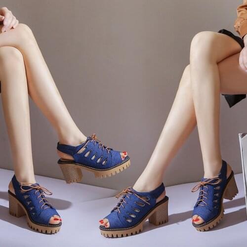 YQBTDL 2020 Summer Hollow Hole Denim Blue Womens Sandals Square Block High Heels Peep Toe Lace Up Platform Goth Womans Shoes