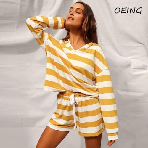 Summer Sport Suits 2021 Womens Casual Stripe Two Piece Sets Outfits Activewear Hoodie and Shorts Tracksuit