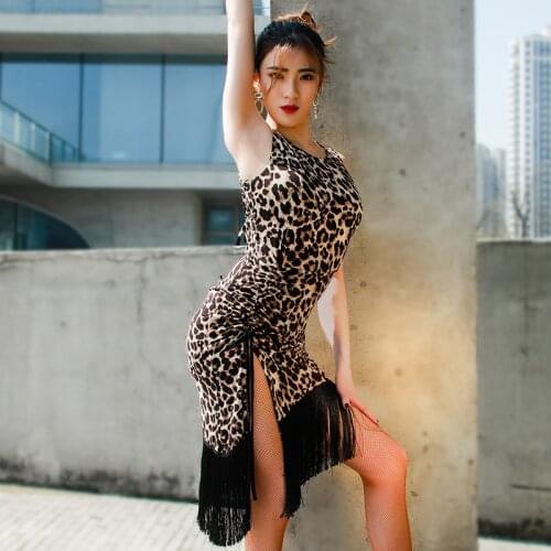 2021 Leopard Latin Dance Dress Tassel Fringed Dress Practice Clothes Feminine Halter Sexy Latin Dance Competition Dress DQS7217
