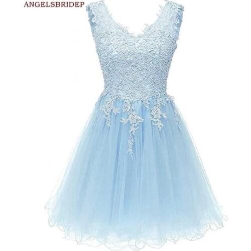 ANGELSBRIDEP V-Neck Tulle Homecoming Dresses Fashion Appliques Mini Vestidos De Festa Special Occasion Graduation Party Gowns
