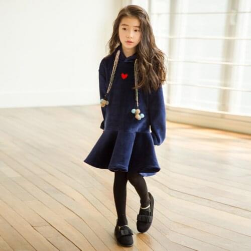 Winter 4-14Y Teenage Girls Cute Dresses Hooded Sweater Plus Velvet Tutu Dress Teen Childrens Casual Dress Kids Clothing Costumes