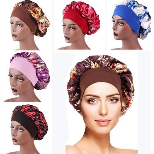 1PC Soft Satin Bonnet Women Elastic Wide Band Night Sleep Hat Hair Care Curly Springy Hair Bonnet Head Wrap Soft Satin Hat