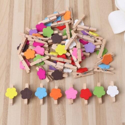 50Pcs Colored Flower Mini Wooden Craft Clips Card Photo Paper Peg Pin Clothespin Wooden Clip