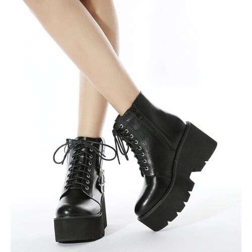 Genuine Leather Black High Platform Boots Women Fashion Martin Shoes Wear Resistant Sole Ankle Boots Ladies Lace Up Buckle PW058