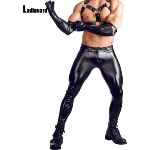 Ladiguard Mens Pu Leather Pants Male Fashion Skinny Pants Streetwear Motocycle Black Faux Leather Men Trousers Slimming Bottom