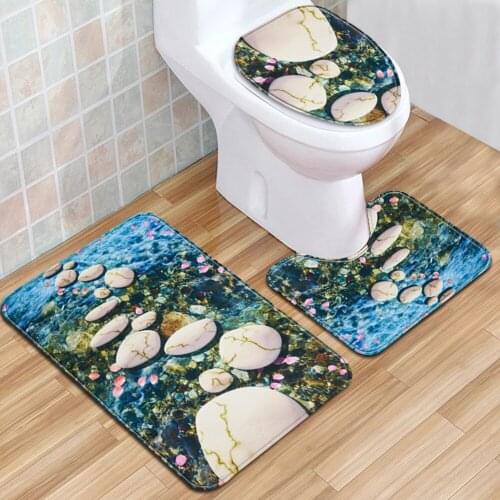 3-piece Toilet Lid Cover Bathroom Anti-slip Mat Water-absorbing Door Mat Home Decoration Carpet 3D Stone Printing Flannel Carpet