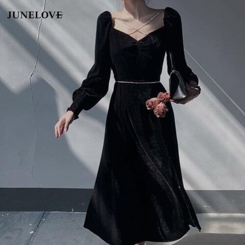 Black French Midi Dress 2021 Autumn Elegant Vintage Velvet Party Dress Casual High Waist Slim Evening One Piece Dress Korean