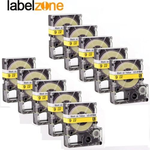 10Pcs 9mm Black on Yellow compatible Epson LC-3YBW/SC9YW label tapes strong adhesive laminated lc3ybw label ribbon for KingJim