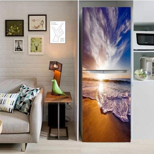 Sunset Seaside Beach Scenery Refrigerator Wallpaper Peel Stick Wall Decor Kitchen Decorative Poster Freezer Door Cover Stickers