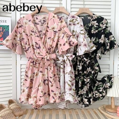 Sweet V-neck flare sleeve Rompers high waist drawstring pleated lace up bow print casual wide leg Rompers 2021 New Summer