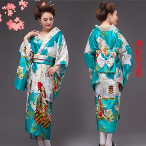 Lake Blue National Trends Women Sexy Kimono Yukata With Obi Novelty Evening Dress Japanese Cosplay Costume Floral One Size