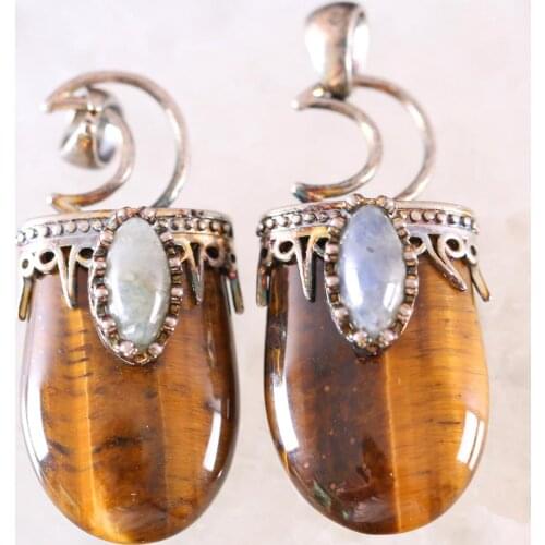 Necklace Pendant Natural Stone Bead Gray Labradorite Gold Tiger Eye Antique Crown Half Moon Pendant for Men Women 1Pcs K777