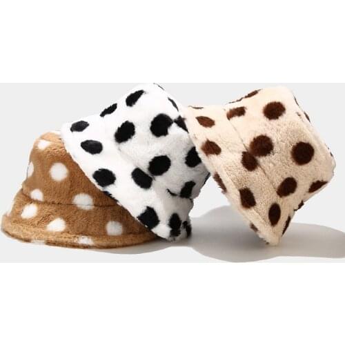 Fashion Dot Print Faux Fur Bucket Hats Winter Warm Panama Bob Hat Women Men Casual Sun Fishing Cap