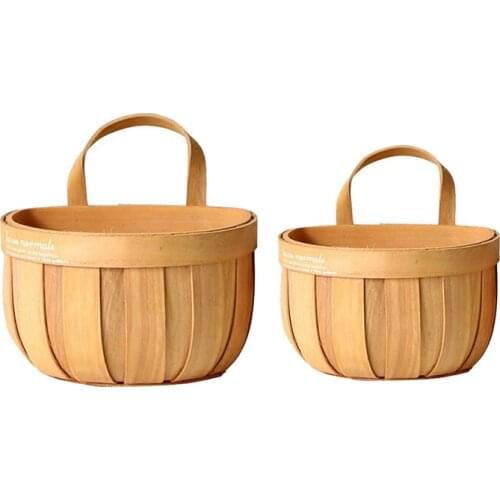 2 Pcs Woven Wooden Wall Hanging Basket Flowerpot Wall Decoration Japanese Handmade Storage Basket Household Organizer