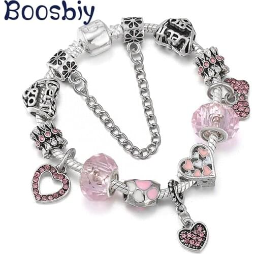 Silver Plated Snake Chain Bracelet DIY Crystal Heart Bowknot Pendant Fit Charm Bracelets Jewelry Gift For Women New Design