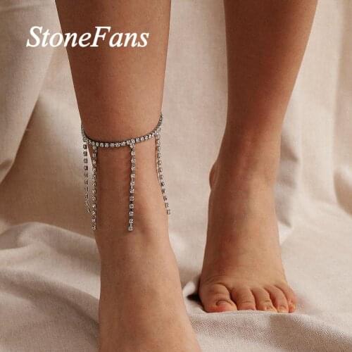 Stonefans Simple Beach Jewelry Rhinestone Tassel Anklet Bracelet for Women Summer Barefoot Crochet Sandals Foot Chain Jewelry