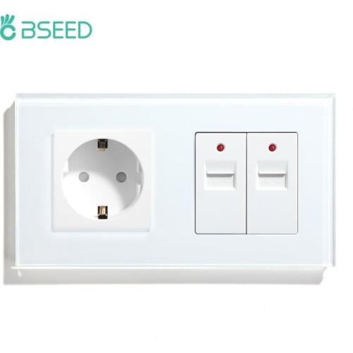 BSEED EU Standard Socket With Double USB Charger Wall Socket White Black Gloden Crystal Glass Panel 100V-240V