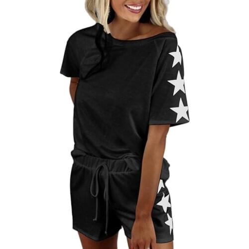 Sports Women Suits Shirt Shorts Outfit Five-pointed Star Print Drawstring Two-piece O Neck Short Sleeve T-shirt Women Shorts Set