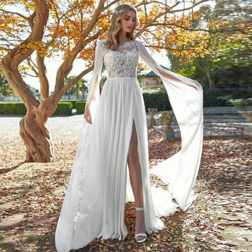Wedding Dress Chiffon Lace Long Flare Sleeves Cape Beach Split Boho Vintage Bridal Gowns Floor Length Bohemian White Ivory 2021