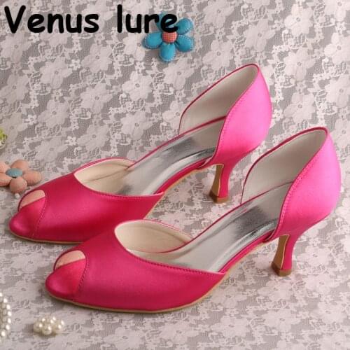 Wedopus Simple Peep Toe Pumps Fuchsia Satin Plain Satin Evening Heels