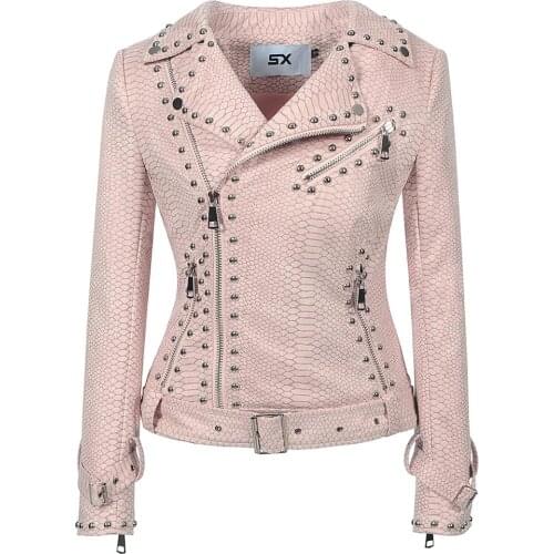SX 2019 winter and autumn Belt Rivet Gothic fashion Motorcycle Jacket pink deerskin velvet jacket