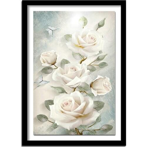 Vertical White Rose 5D Full Drill Diamond Painting By Numbers Round Rhinestone Cross-Stitch Diamond Embroidery Decor Craft