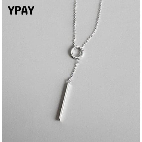 YPAY Real 925 Sterling Silver Circle Strip Long Chain Necklace Collares Kolye Bijoux Femme Sweater Pendant Necklaces YMN028