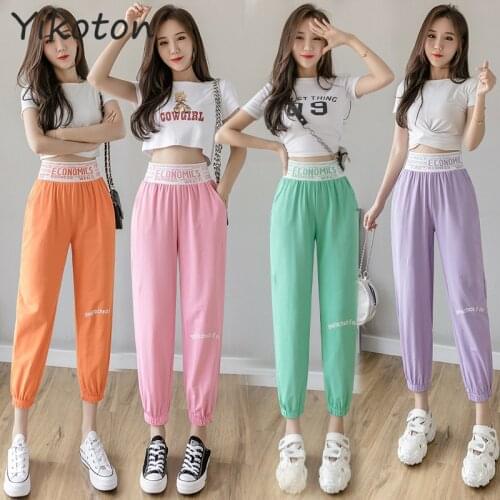 Womens 2021 Autumn Summer Pants Cotton Solid Elastic Waist Candy Colors Harem Trousers Soft High Quality Ror Female Ladys S-XL