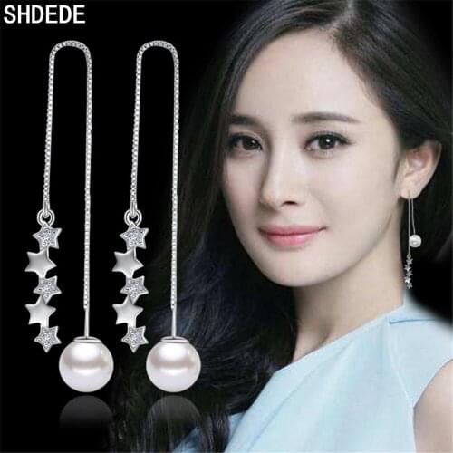 SHDEDE CZ 925 Silver Crystal Zircon Long Chain Drop Earrings For Women Female Dangle Earring Fashion Ear Jewelry -WH45