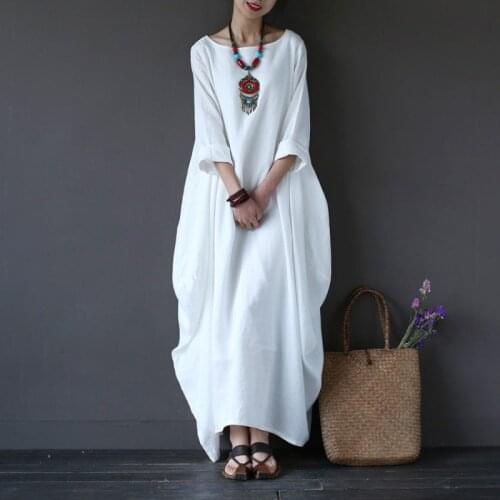 Women Long Maxi Dresses Plus Size White Red Large Loose Cotton Linen Dress Summer New Straight Vestodis Female F130