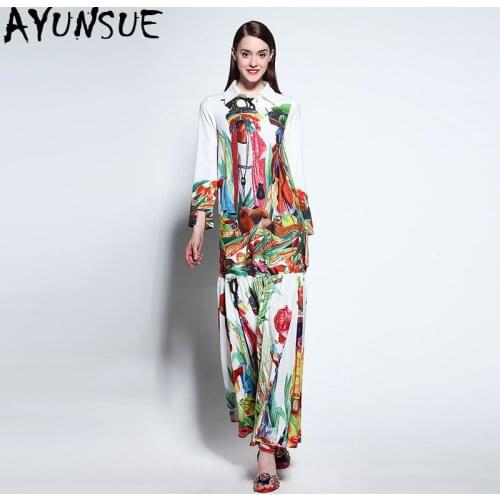 AYUNSUE Long Maxi Dress Women Spring Summer Floral Shirt Dress Elegant Vintage Ladies Dresses Long Sleeve Vestidos 8838 KJ4754