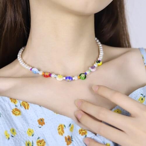 Pearl Boho Multicolor Beaded Necklaces for Women Bohemian Costume Metal Chain Handmade Beads Flower Necklace Jewelry