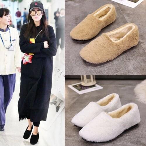 Winter Women Flats Plush Loafers Faux Fur Slip on Flat Shoes Women Indoor Waterproof Household Slipper Warm Ladies Shoes 7828