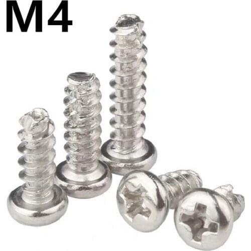 100pcs/lot M4x6/8/10/12/16/20/25mm GB13806.2 A type PT 304 Stainless Steel Round Head Cross Cut Tail Slotted Self-tapping Screw