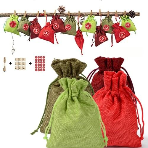24pcs 10*14cm 4 Colors Linen Pocket Drawstring Candy Cookie Food Bag Suit Christmas Party Wedding Favors and Gifts Packaging