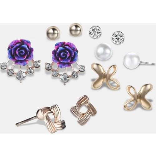 6 Pairs Stud Earrings Set For Women Artificial Pearls Rhinestone Flowers Earring Sets Jewelry Gift Charming