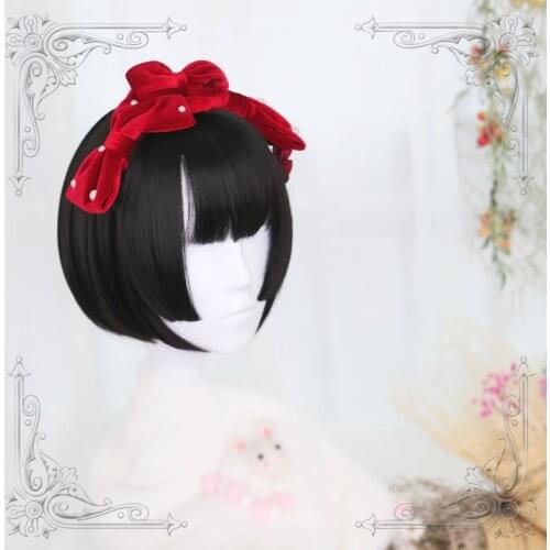 Black Harajuku Kawaii Lolita Wig Cool Short Hime Cut Temples Straight Hair Adult Chic Girls Women Cosplay Cute Daily Wear